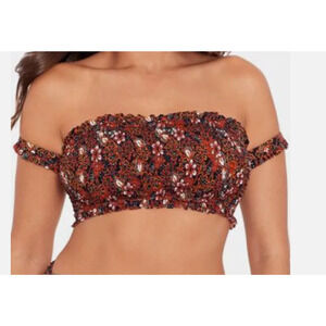 SKINNY DIPPERS Smocked Mae Bikini Top Size Medium Blk/Brn/Wht Floral 13672